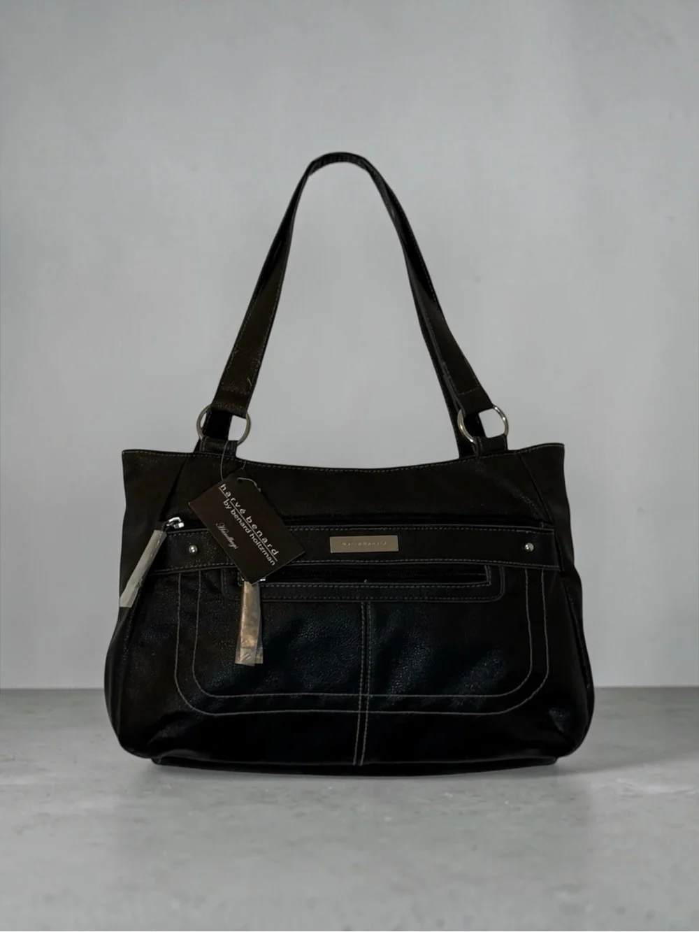 NWT Harve Benard Black Faux Leather Shoulder Bag Purse Vintage Hobo Tote